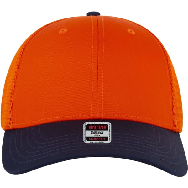 An orange and navy blue low profile trucker cap with a branding label on the front.