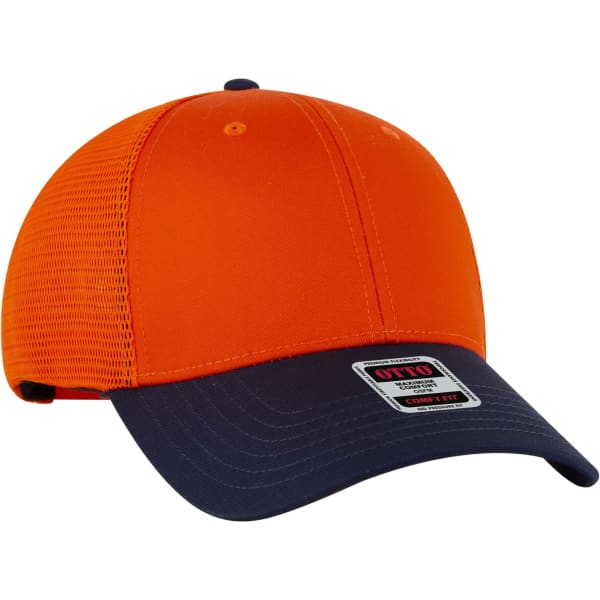 An orange and navy low profile trucker cap featuring a mesh back and a logo on the front.