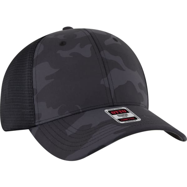 A stretchable trucker hat in dark grey with a camouflage pattern and mesh back. It includes a logo on the front.