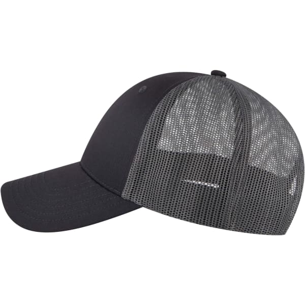 A low profile trucker cap in black with a mesh back, featuring a logo on the side.