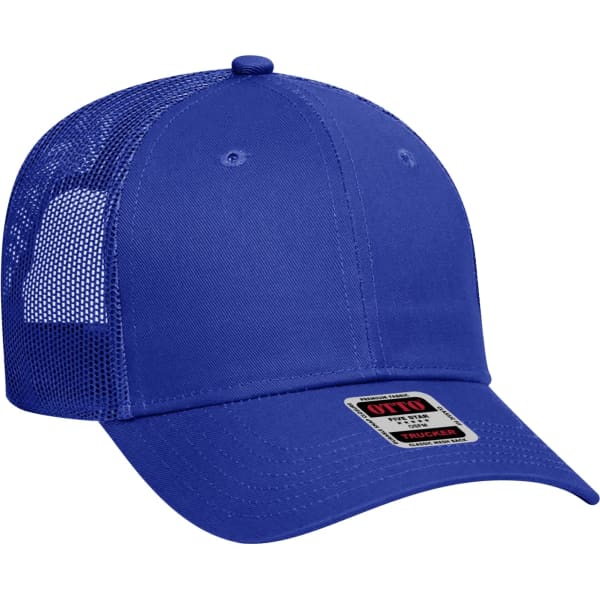 A blue 6-panel trucker hat with a mesh back and a small logo on the front.
