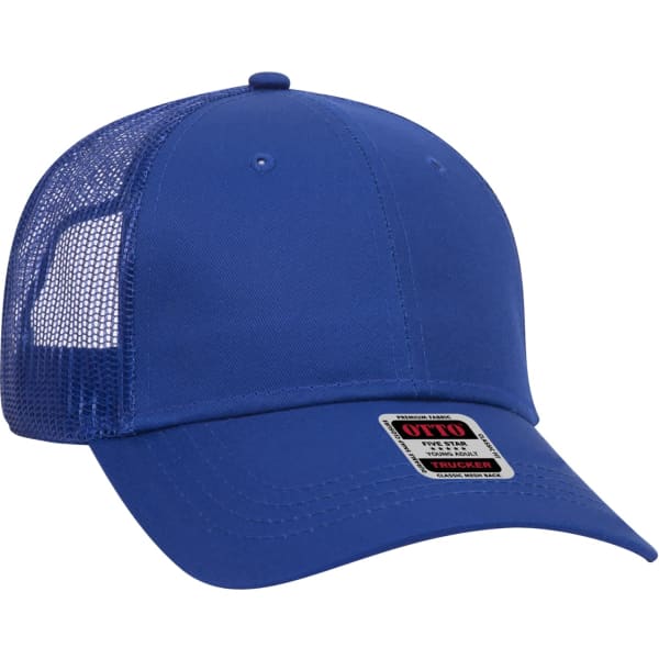 A blue 6 panel trucker hat with a mesh back and a logo on the front.