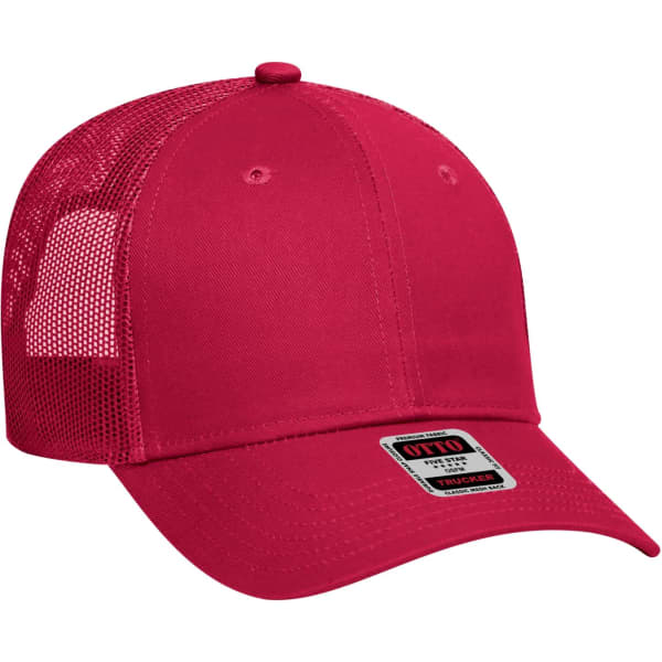 A red 6-panel trucker hat with a mesh back and a branded label on the front.
