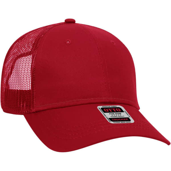 A red 6 panel trucker hat featuring a mesh back and a structured front. It includes a logo on the front.