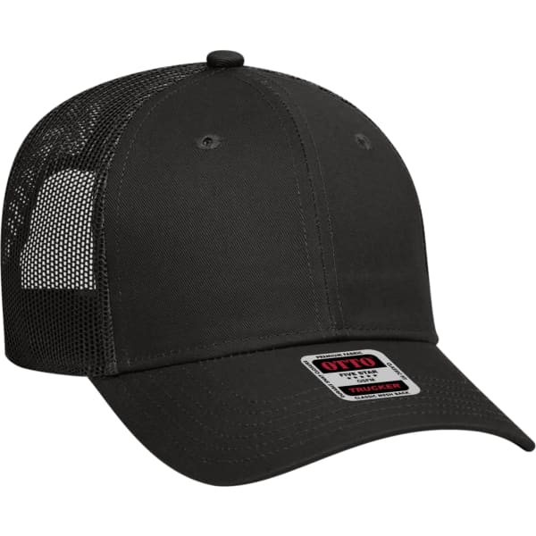 A black 6 panel trucker hat featuring a solid front with mesh back and an adjustable snap closure.