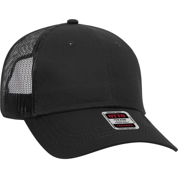 A black 6 panel trucker hat featuring a mesh back and a logo on the side.