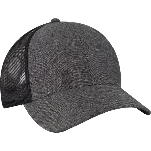 A grey 6-panel trucker hat with a mesh back and a curved brim. It features a logo on the front.