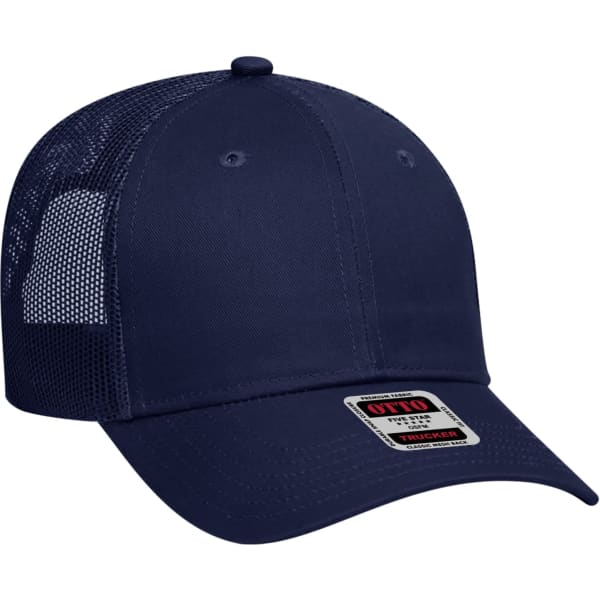 A navy 6 panel trucker hat with a mesh back and a branded label on the front.
