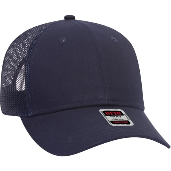 A navy 6 panel trucker hat with a mesh back and a logo on the front.