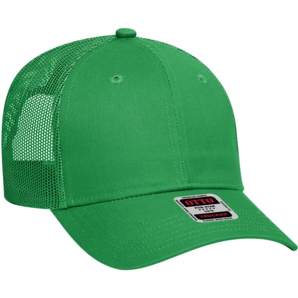 A green 6 panel trucker hat with a mesh back and a logo label on the front panel.