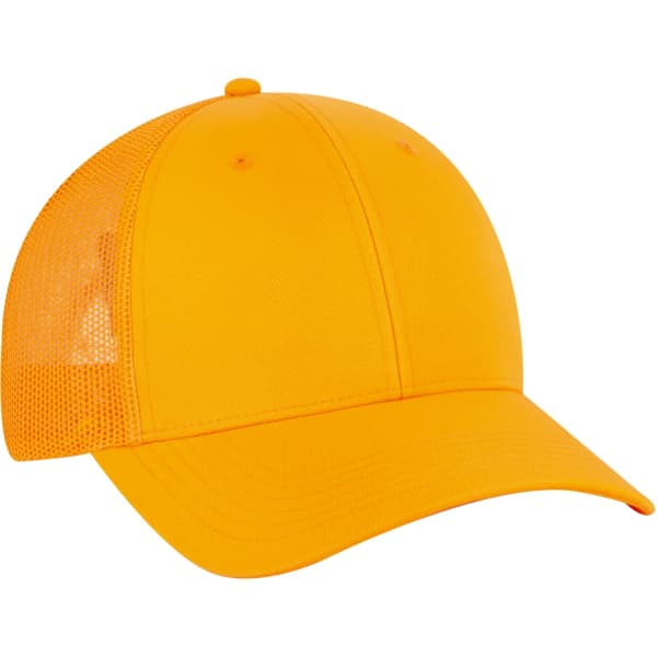 A bright yellow 6 panel trucker hat with a mesh back and a branded logo.