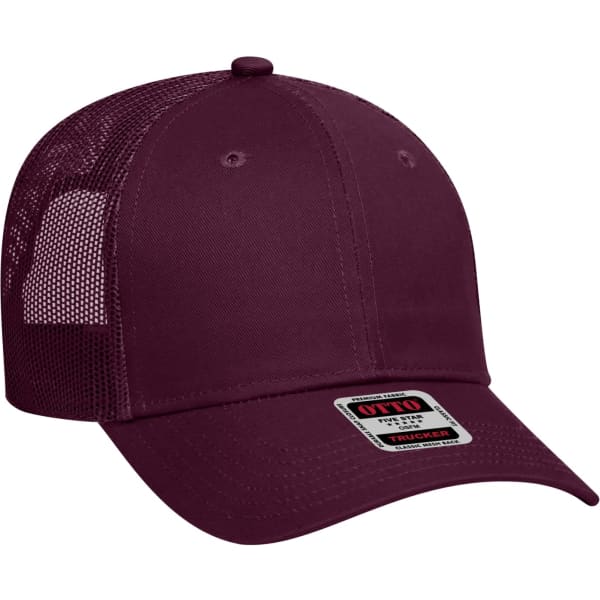 A burgundy 6 panel trucker hat with a mesh back and adjustable snap closure, featuring a logo on the front.