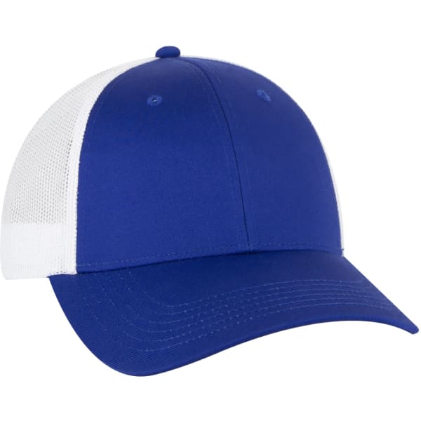 A blue and white 6 panel trucker hat with a curved brim and mesh back, featuring a logo.
