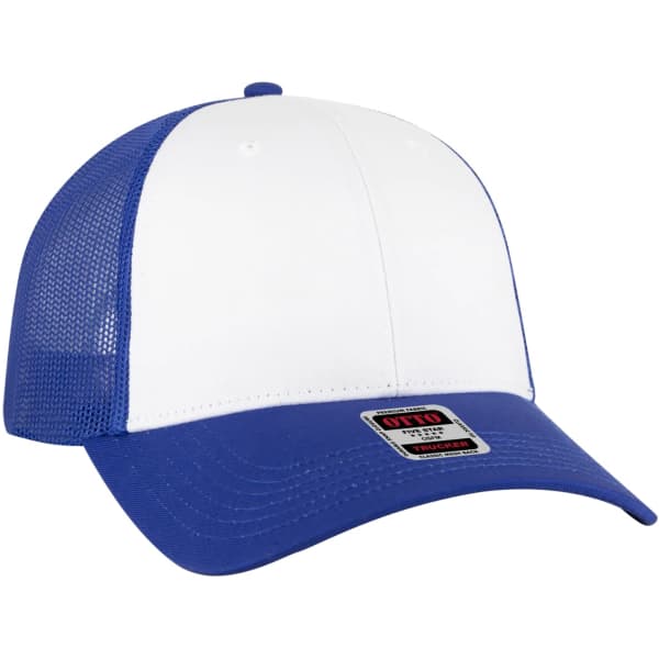 A blue and white 6 panel trucker hat with a mesh rear and a branded tag on the front.