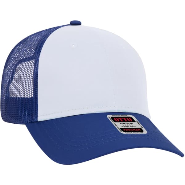 A blue and white 6-panel trucker hat with a mesh back and a branded tag on the side.