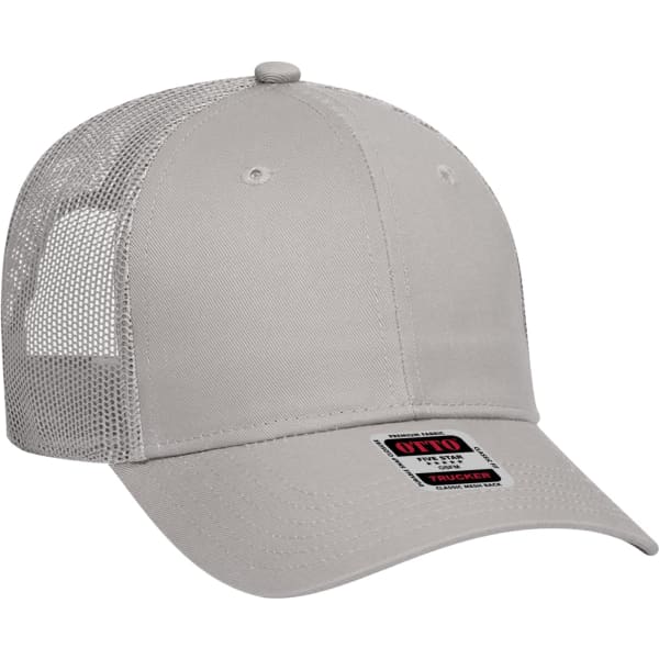 A grey 6 panel trucker hat featuring a mesh back and a branded patch on the front.