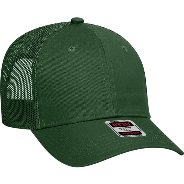A green 6-panel trucker hat with a mesh back and a logo on the front.