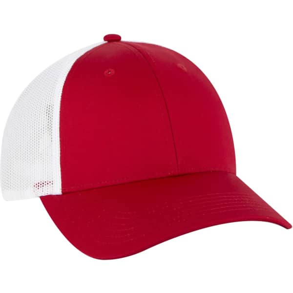 A red and white 6 panel trucker hat featuring a mesh back and a curved brim, with an unmarked logo.