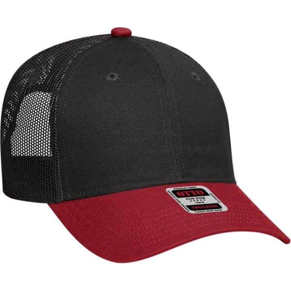 A 6 panel trucker hat featuring a black front and a red brim, with a mesh back and a logo on the front.