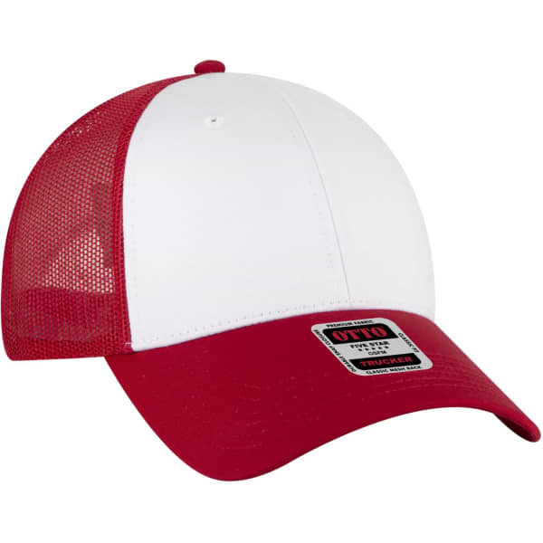 A red and white 6-panel trucker hat featuring a mesh back and a branded tag on the front.