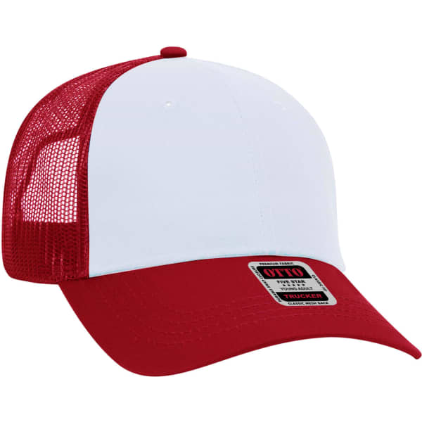 A red and white 6-panel trucker hat featuring a mesh back and a prominent logo tag on the front.