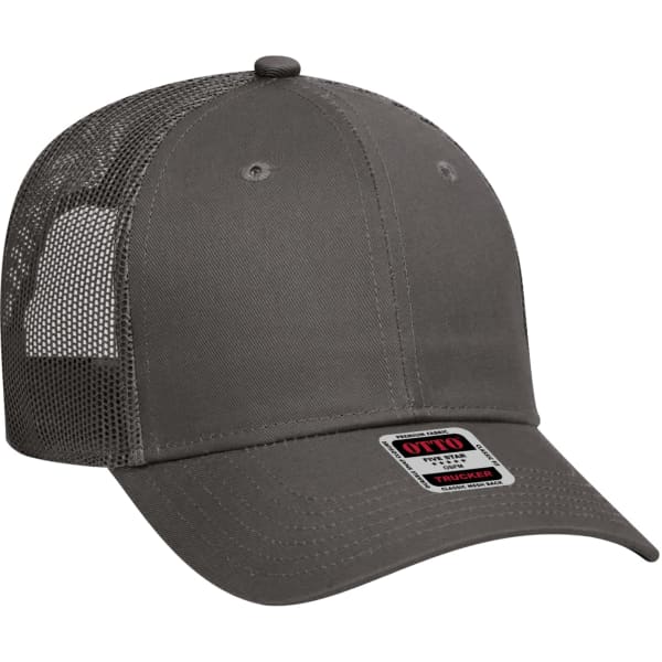 A grey 6 panel trucker hat with a mesh back and a patch on the front, featuring a logo.