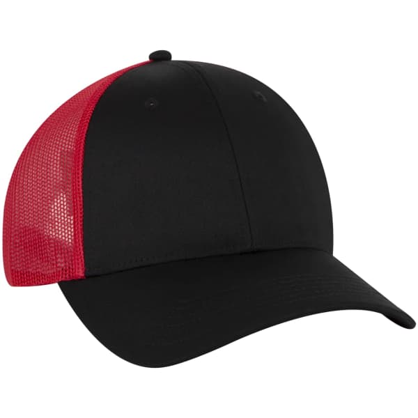 A black and red 6 panel trucker hat with a mesh back and a peaked brim, featuring a logo.