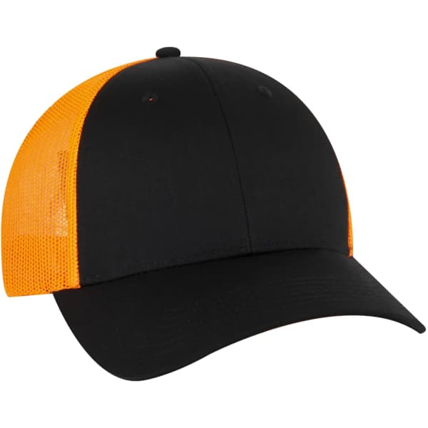 A six-panel trucker hat featuring a black fabric front and orange mesh back, complete with a logo.