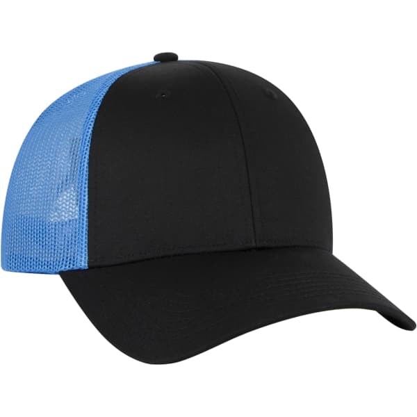 A black and blue 6 panel trucker hat with a mesh back and a curved brim, featuring a logo.