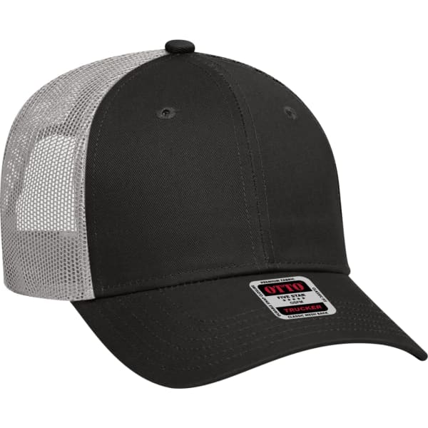 A black 6 panel trucker hat with a mesh back and a branded tag on the front.