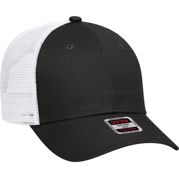 A black 6 panel trucker hat with a white mesh back, featuring a branded label on the front.