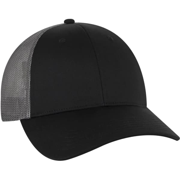 A black 6 panel trucker hat with a grey mesh back and a curved brim, featuring a logo on the front.