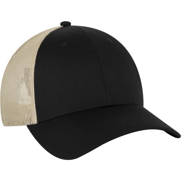 A black 6 panel trucker hat with a beige mesh back and an adjustable strap. It features a logo on the front.