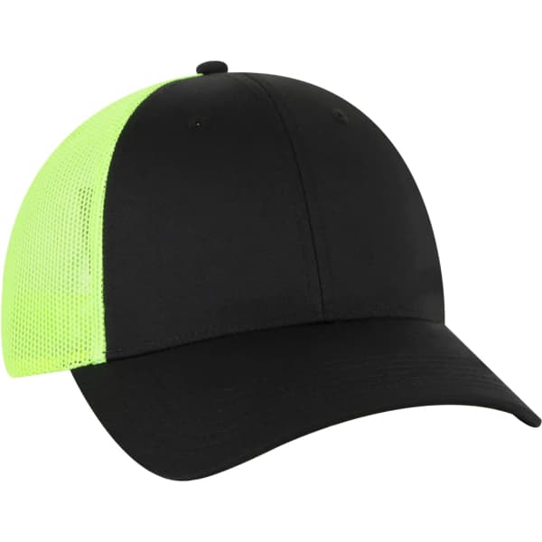 A black trucker hat with a bright yellow mesh panel and a rounded brim, featuring a logo on the front.