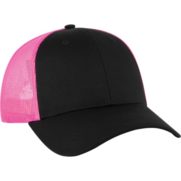 A black trucker hat with a pink mesh back and a fitted design. It features a logo on the front.
