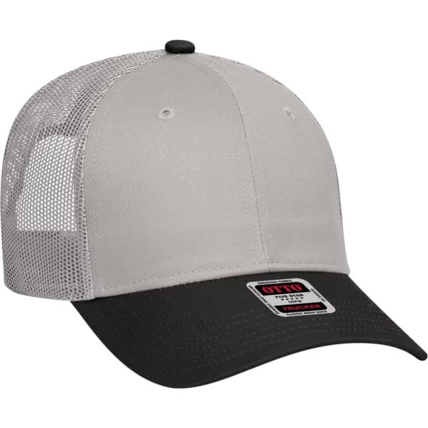 A 6-panel trucker hat featuring a grey front and a black brim with a mesh back. It has a logo on the front.