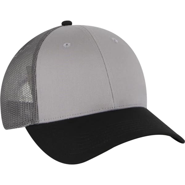 A 6-panel trucker hat in grey with a black brim and mesh back, featuring a logo on the front.