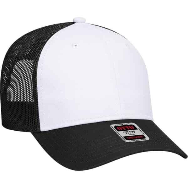 A six-panel trucker hat featuring a white front and black mesh back, with a curved peak and an attached logo.