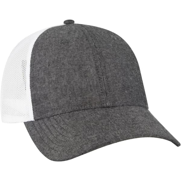 A grey and white 6 panel trucker hat with a curved brim and a mesh back, featuring a logo.