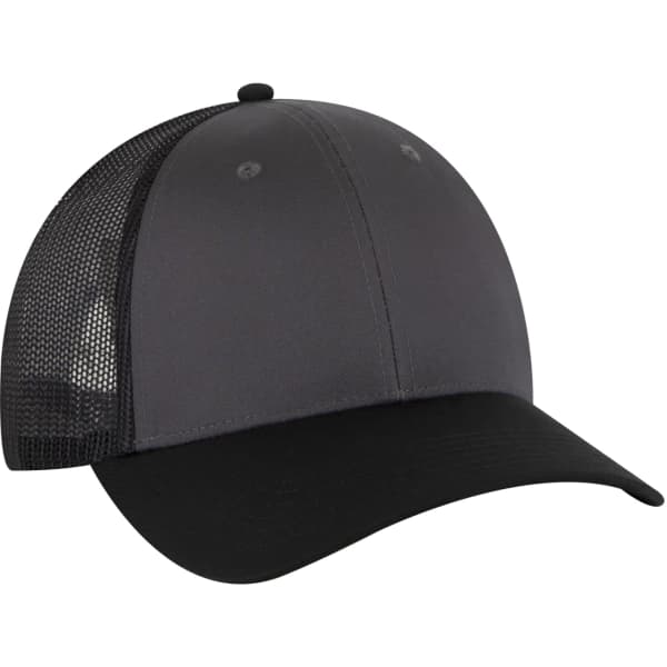 A grey and black 6 panel trucker hat featuring a mesh back and a rounded peak. It has a simple logo on the front.