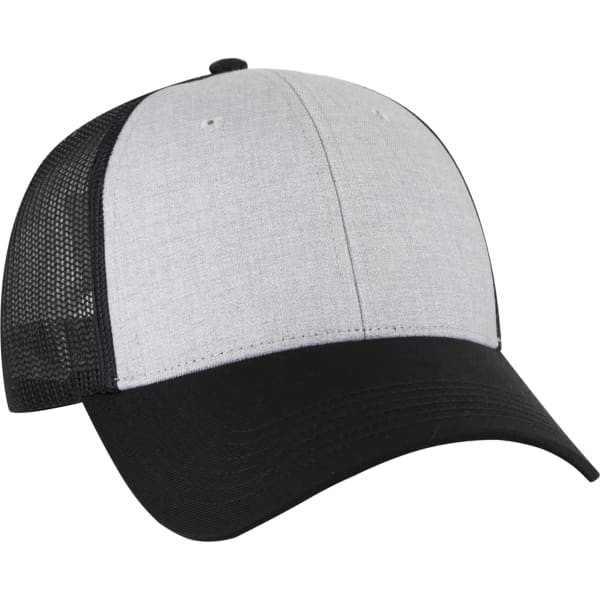 A grey and black 6-panel trucker hat featuring a mesh back and a logo on the front.
