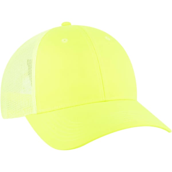 A bright yellow 6-panel trucker hat with a mesh back and a curved brim, featuring a logo on the front.