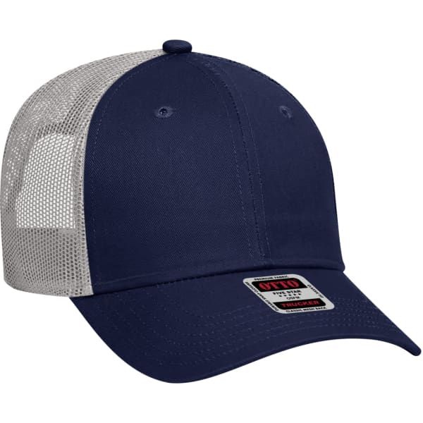 A navy blue 6 panel trucker hat with a grey mesh back and a logo on the front.