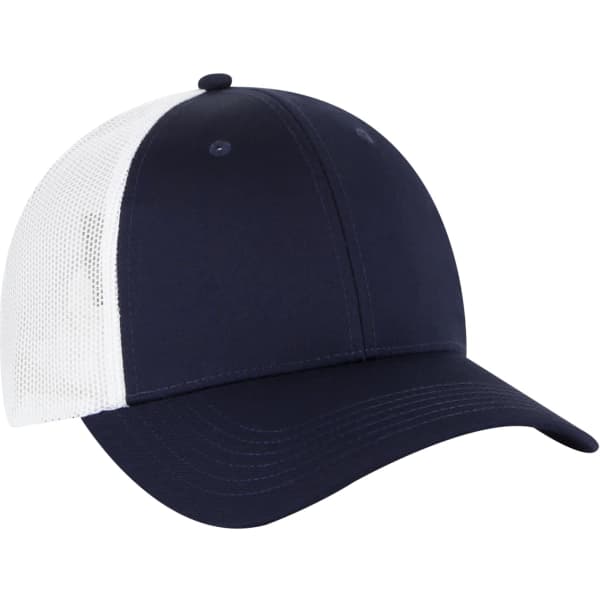 A navy and white 6 panel trucker hat featuring a mesh back and a curved peak, with a logo on the front.