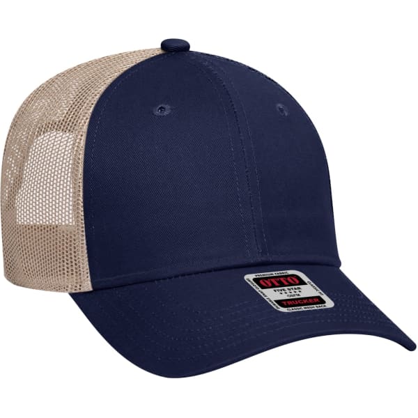 A navy blue 6-panel trucker hat with a beige mesh back and a branded label on the front.