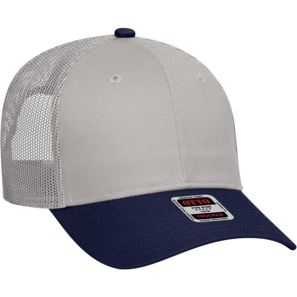 A six-panel trucker hat featuring a navy peak and a grey mesh back, complete with a logo.