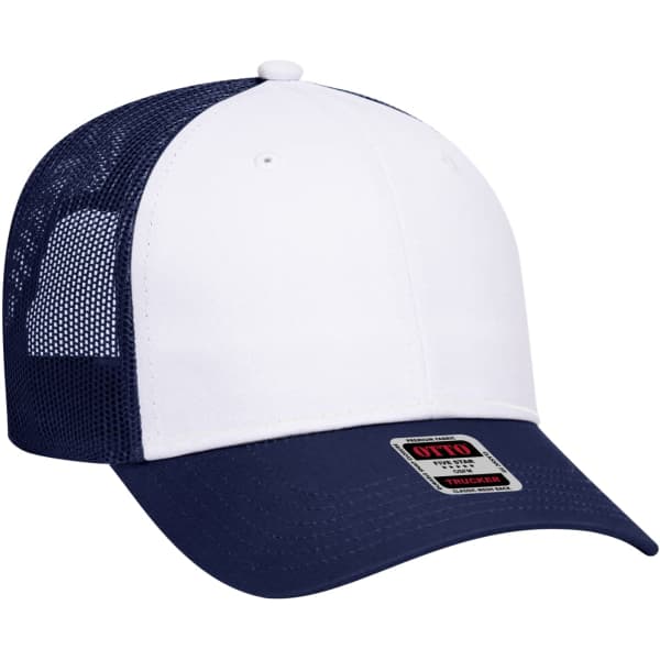 A 6 panel trucker hat in white and navy blue, featuring a mesh back and a logo on the front.