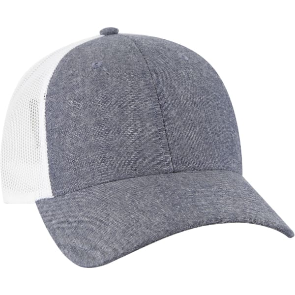 A grey and white 6 panel trucker hat featuring a mesh back and a rounded brim, with a logo on the front.