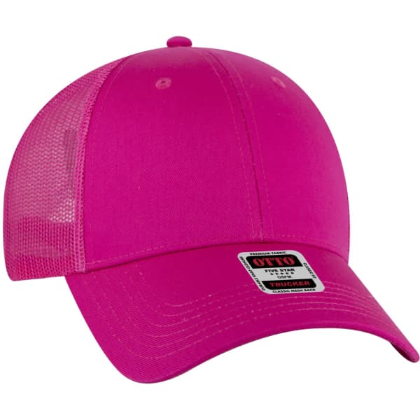 A bright pink 6-panel trucker hat with mesh sides and a branded tag on the front.