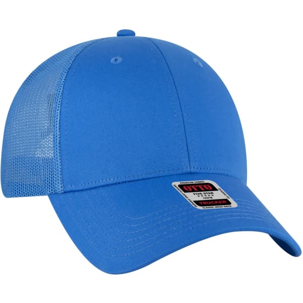 A blue 6-panel trucker hat with a mesh back and a logo on the front.